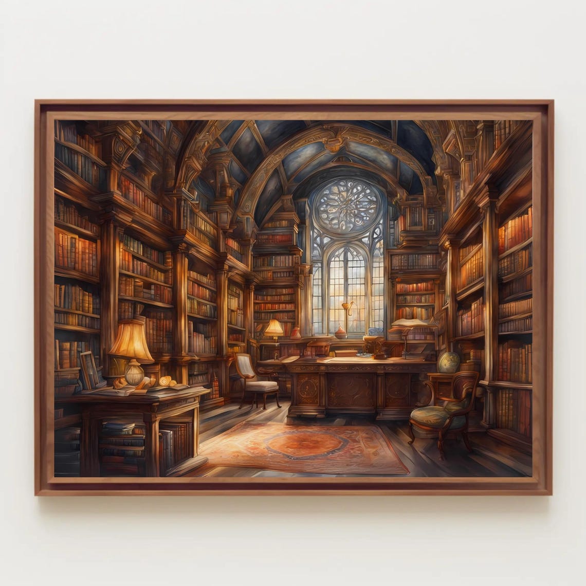 Fantasy Grand Library Hall with Rose Window Magic Book Poster