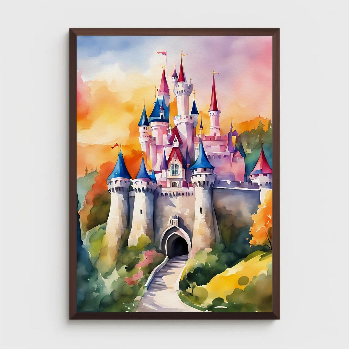 Sunrise Castle Pink Towers Golden Sky Fantasy Watercolor Art Poster