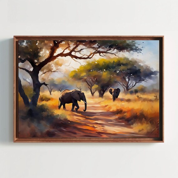 African Elephants Savanna Golden Hour Acacia Trees Watercolor Poster