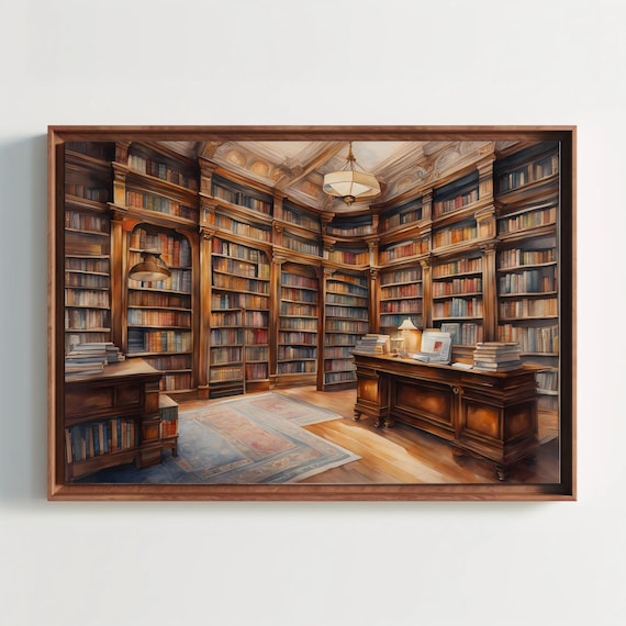 Grand Classic Library Interior Watercolor Bookshelf Room Poster