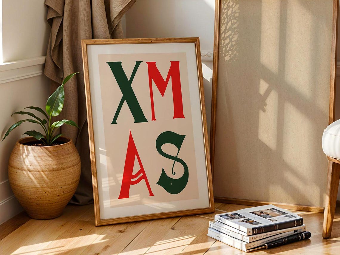XMAS Green and Red Block Letter Vintage Christmas Typography Poster - Image 4