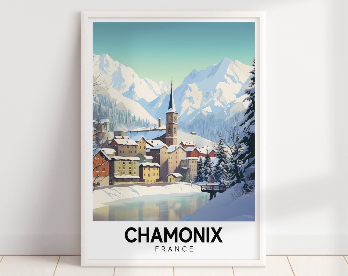 Chamonix France Snowy Alpine Village Church Vintage Ski Travel Poster