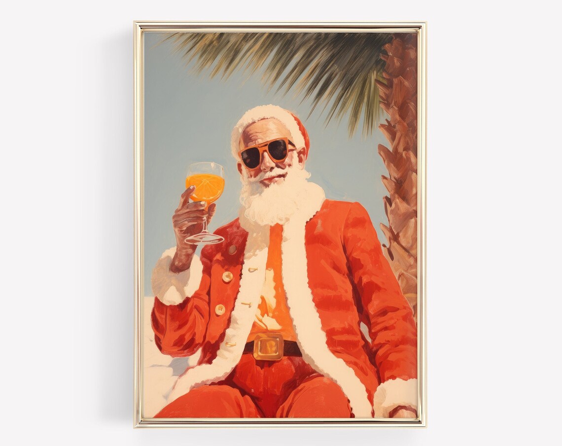 Cool Santa in Sunglasses with Tropical Cocktail Retro Art Poster - Image 4