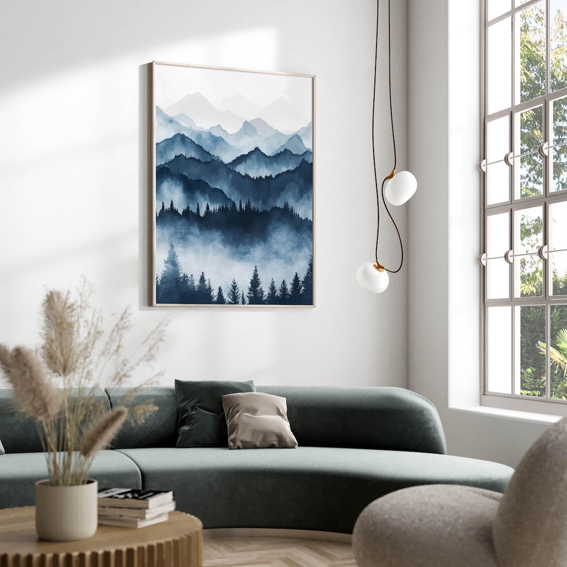 Navy Blue Layered Mountain Watercolor Misty Peaks Modern Wall Poster - Image 3