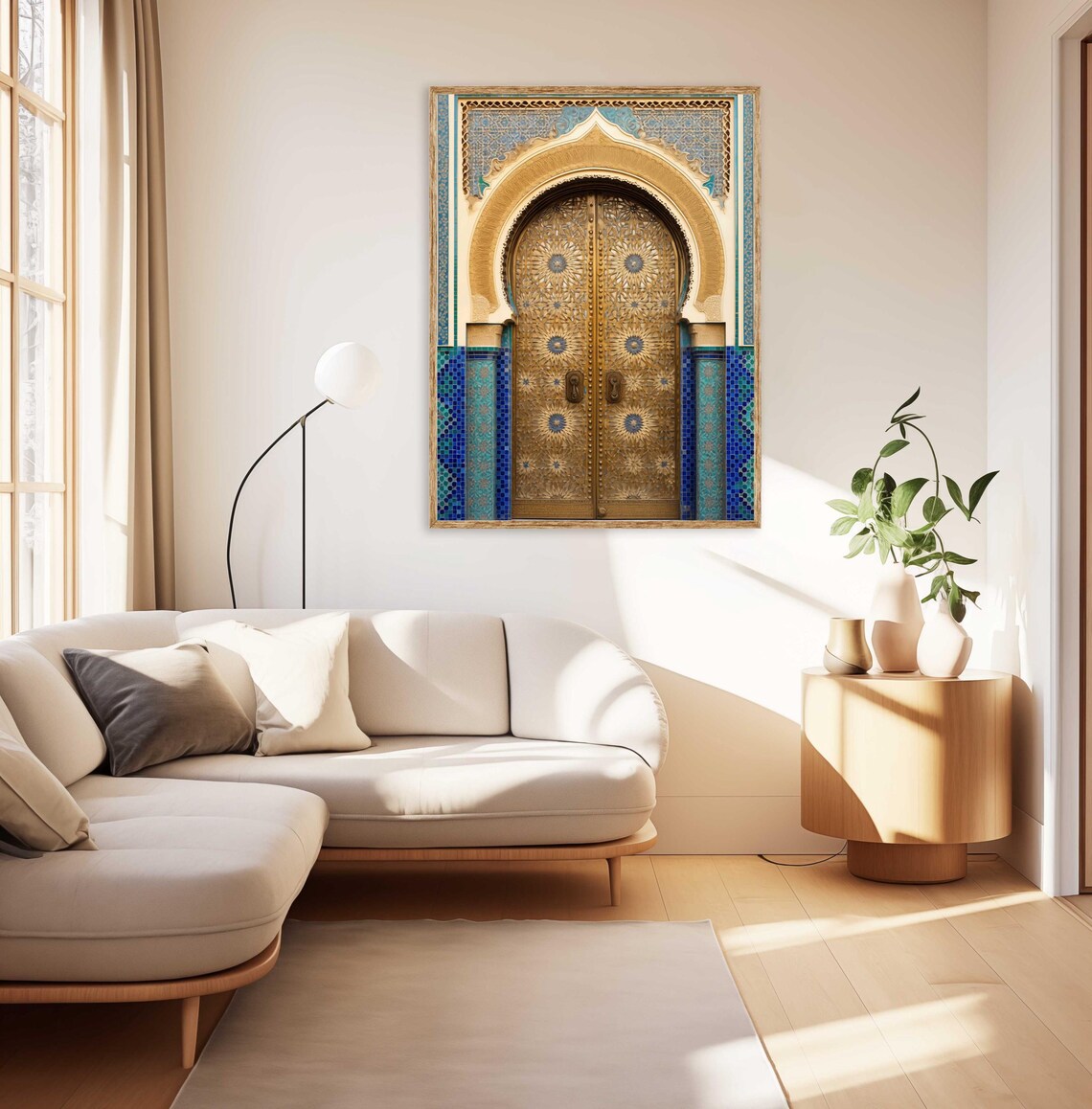 Moroccan Brass Door with Blue Zellige Tile Arch Detail Poster - Image 2