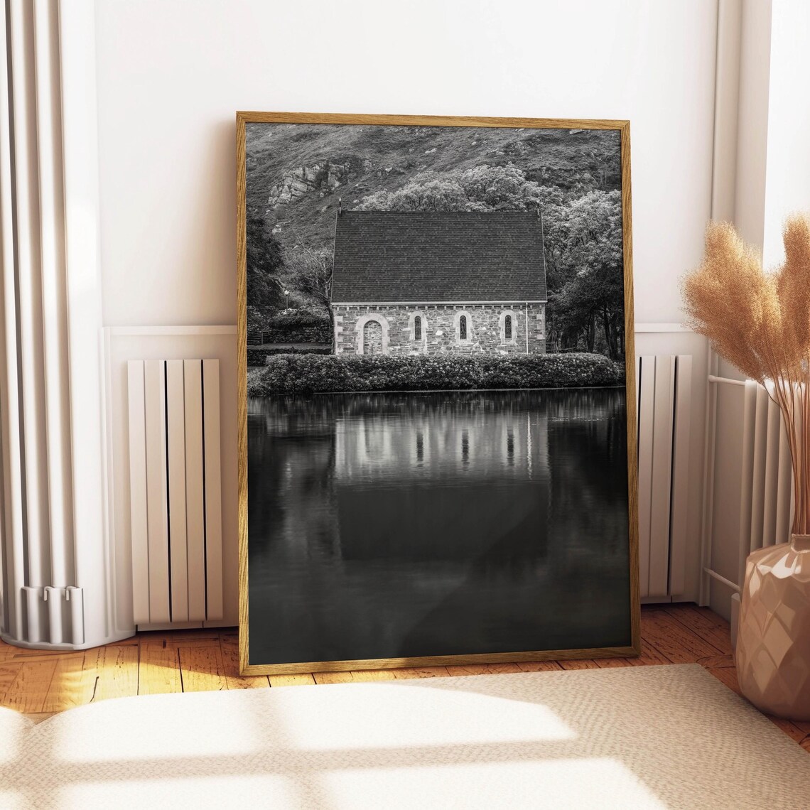 Old Stone Church Reflected in Still Lake Black White Photo Poster - Image 4