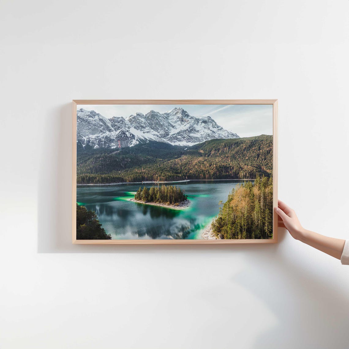 Emerald Green Lake with Forested Island and Snowy Peaks Poster - Image 2