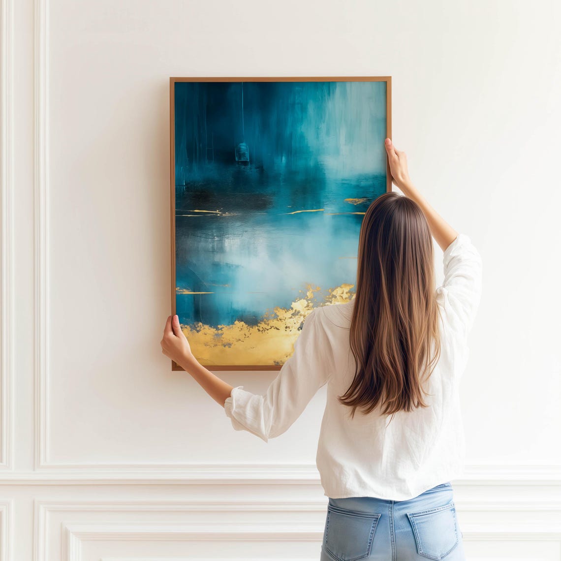 Teal Blue Abstract Ocean Artwork with Gold Leaf Accents Poster - Image 3