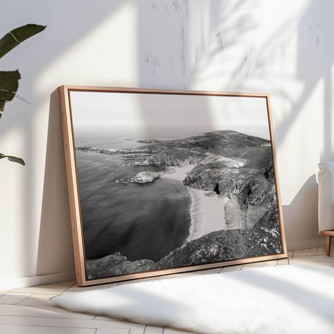 Aerial Black and White Coastal Bay with White Sand Beach Poster - Image 3