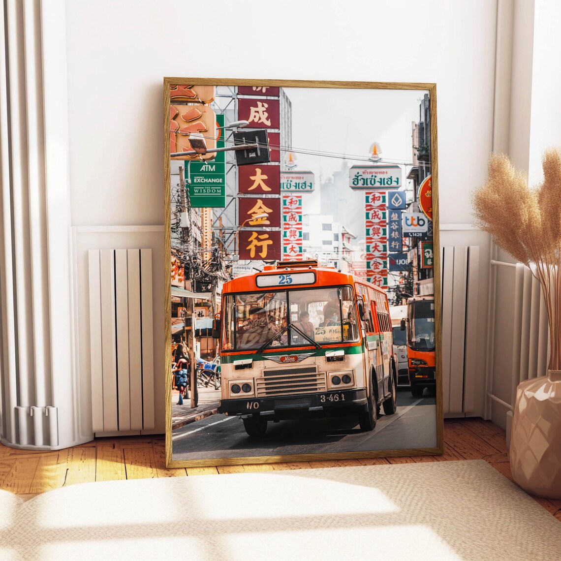 Bangkok Yaowarat Chinatown Vintage Orange Bus Street Scene Poster - Image 5