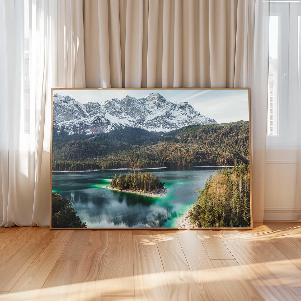 Emerald Green Lake with Forested Island and Snowy Peaks Poster - Image 4