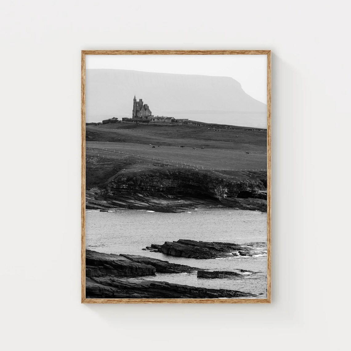 Historic Castle on Rugged Headland Black White Coastal Photo Poster