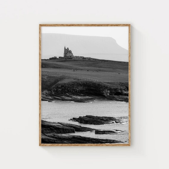 Historic Castle on Rugged Headland Black White Coastal Photo Poster