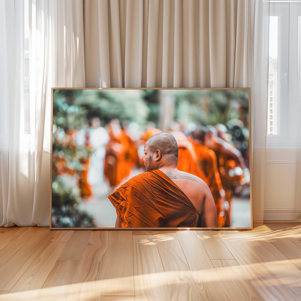 Thai Buddhist Monks in Orange Robes Cultural Photography Poster - Image 3