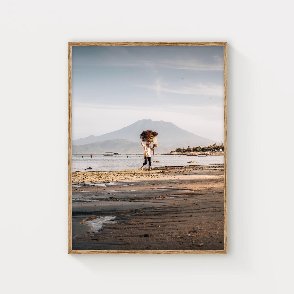Seaweed Farmer Walking Beach With Volcano Behind Bali Indonesia Poster