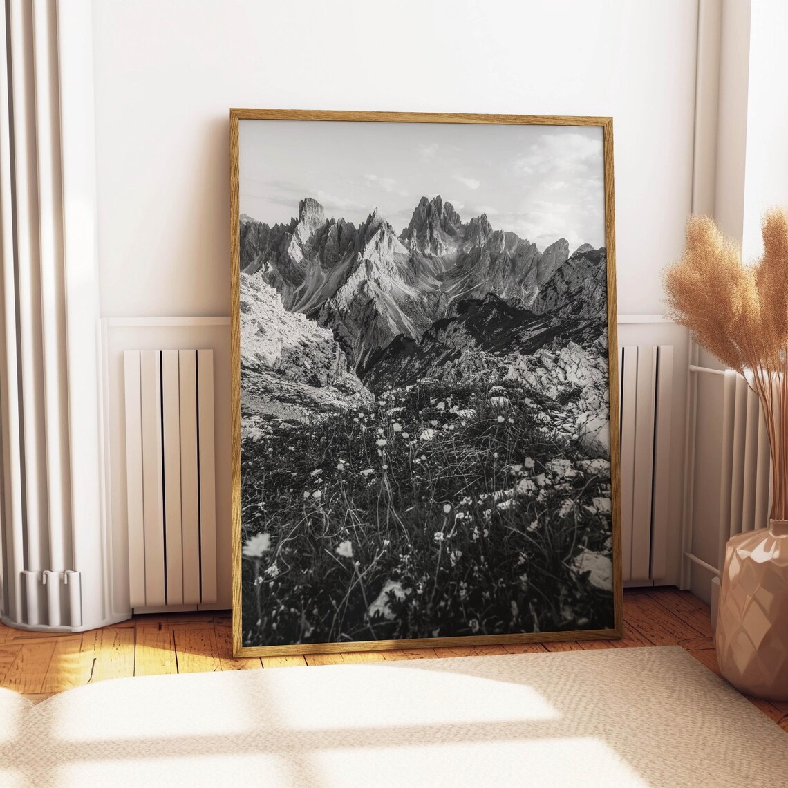 Black and White Jagged Mountain Peaks Meadow Wildflowers Poster - Image 4