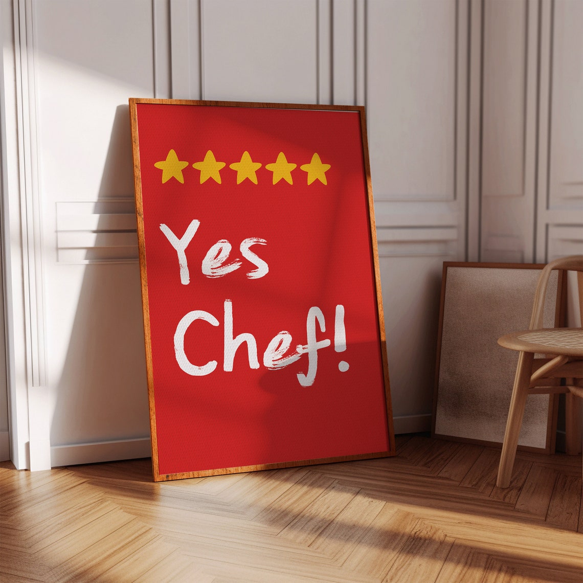 Yes Chef Five Yellow Stars Bold Red Background Kitchen Quote Poster - Image 3