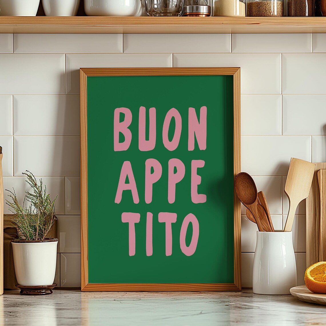 Buon Appetito Pink on Green Typography Italian Kitchen Poster