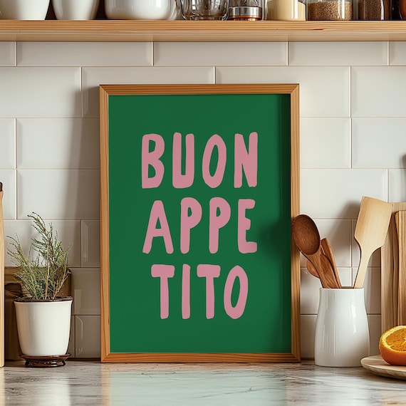 Buon Appetito Pink on Green Typography Italian Kitchen Poster