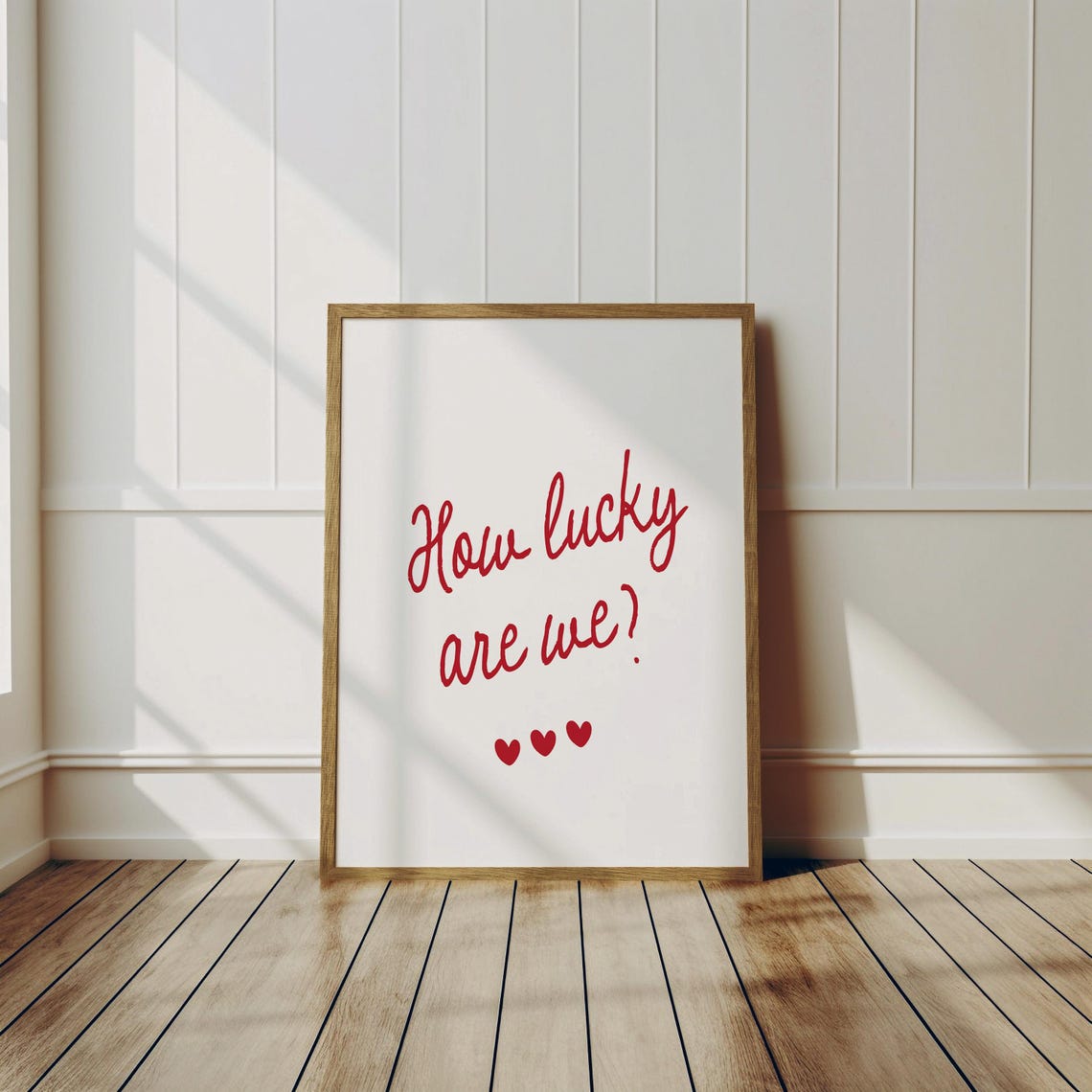 How Lucky Are We Red Script Hearts Quote Minimalist Wall Art