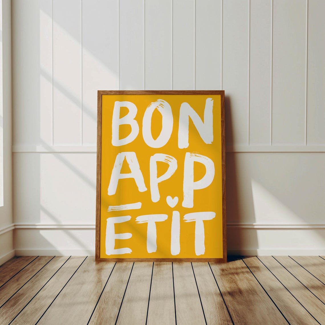 Bon Appetit White Brush Lettering Yellow French Kitchen Poster