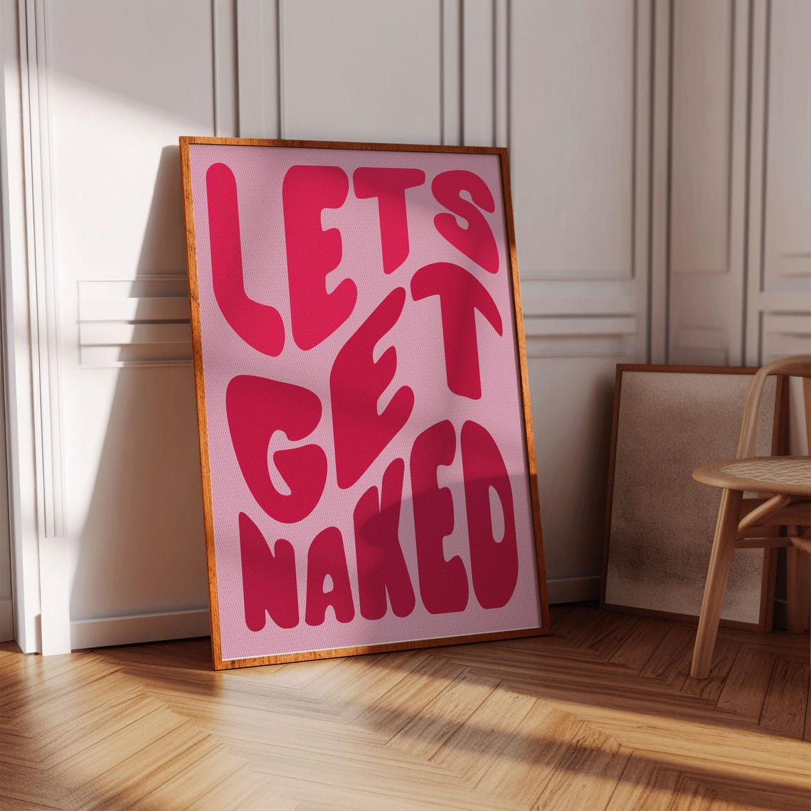 Lets Get Naked Funny Red On Pink Retro Typography Bathroom Poster