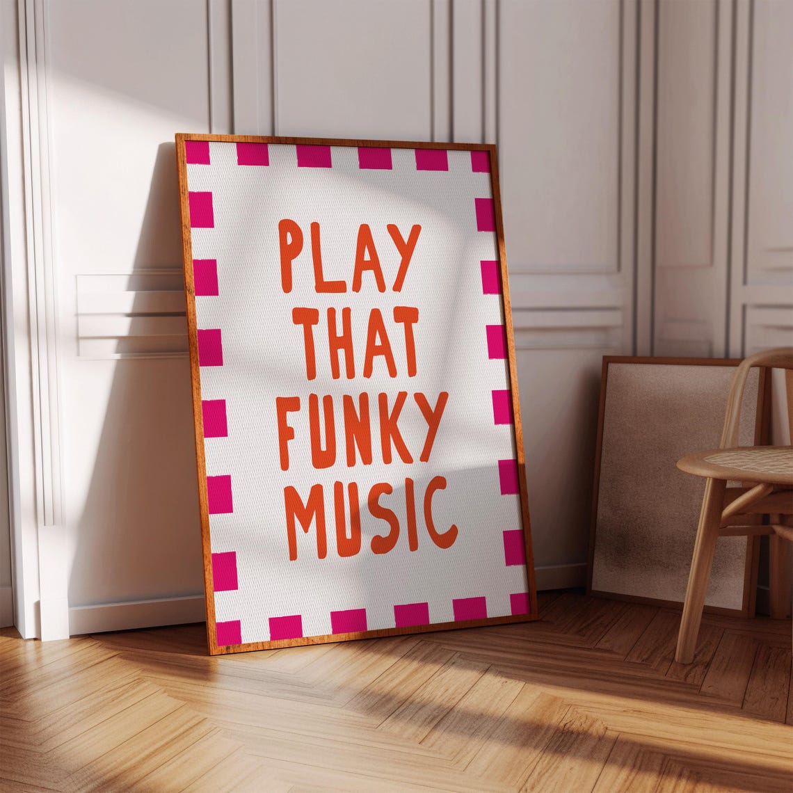 Play That Funky Music Retro Orange Hot Pink Checkered Quote Poster