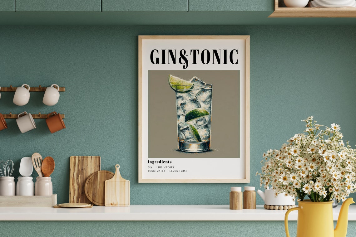 Gin And Tonic Cocktail Recipe Illustrated Lime Bar Wall Poster - Image 2