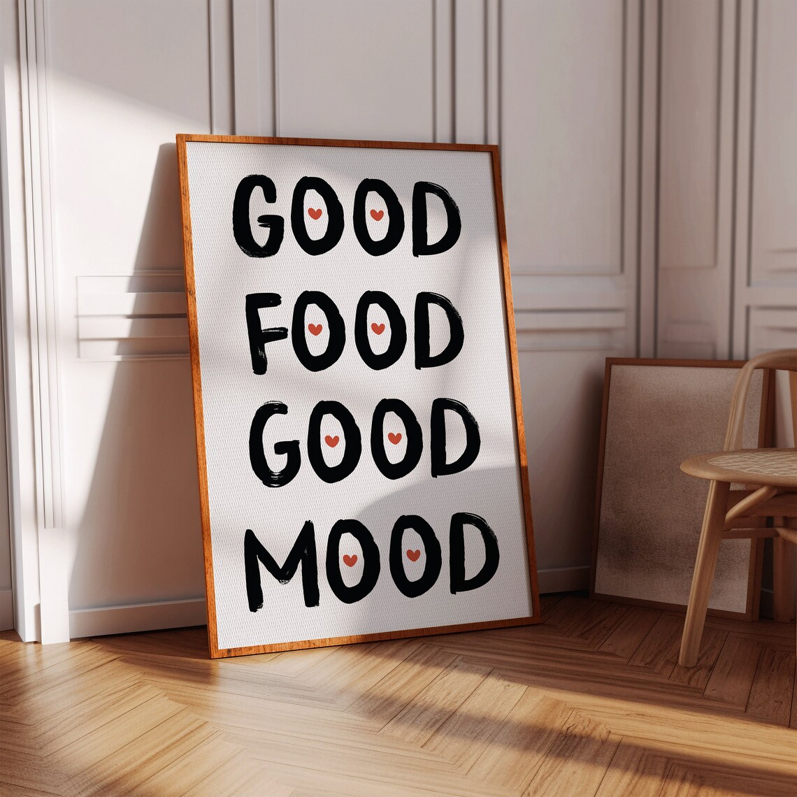 Good Food Good Mood Black Brush Heart Lettering Kitchen Quote Poster
