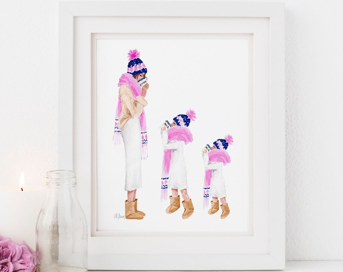 Mother and Daughters in Winter Hats Drinking Coffee Art Poster