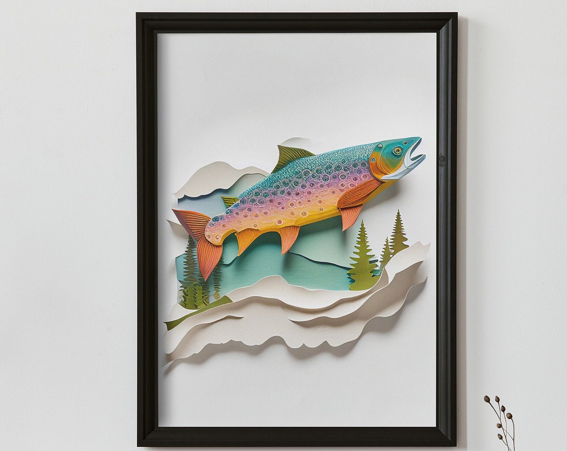 Rainbow Trout Paper Cut Fish Leaping Over Mountain Stream Poster