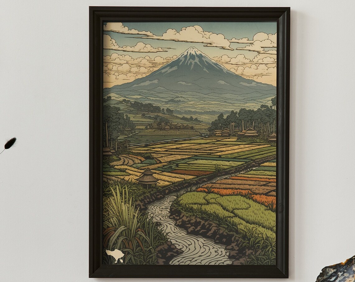 Mount Batur Bali Vintage Woodblock Rice Terrace Landscape Poster