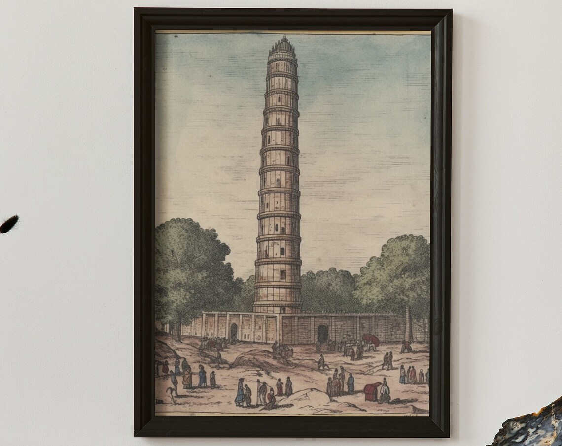 Vintage India Woodblock Style Art Of Qutub Minar Delhi India Poster