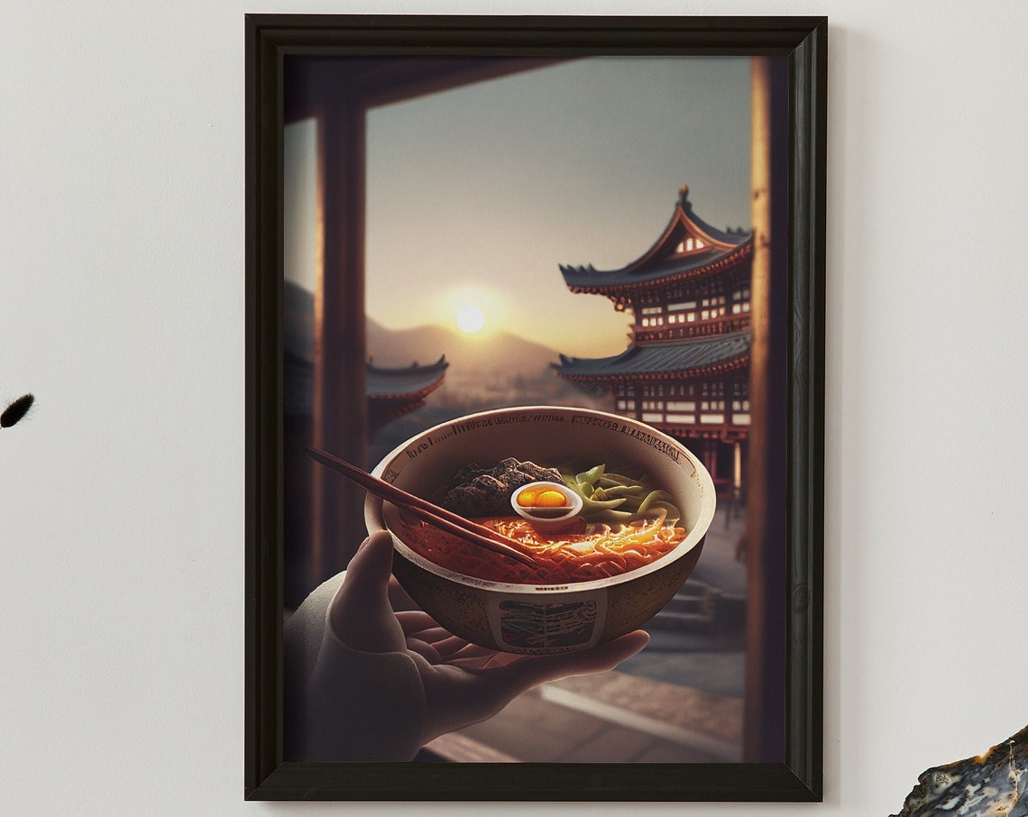 Hand Held Ramen Bowl At Sunrise Before A Korean Temple Poster