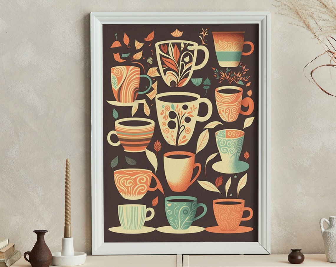 Retro Coffee Cups Collection Patterned Folk Art Kitchen Decor Poster
