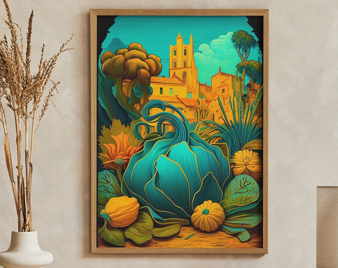 Giant Teal Cabbage Village Harvest Surreal Garden Art Poster