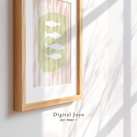 Minimalist White Fish Silhouettes Peach Green Waves Abstract Poster