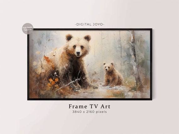 Brown Bear And Cub In Autumn Forest Painting Frame TV Art Poster