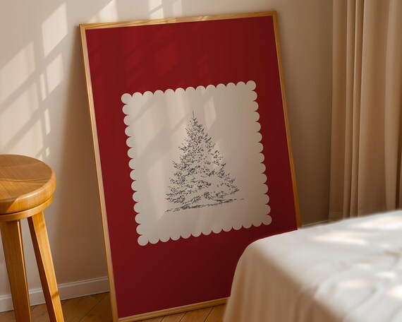 Red Christmas Tree Hand Drawn Pencil Sketch Scalloped Art Poster