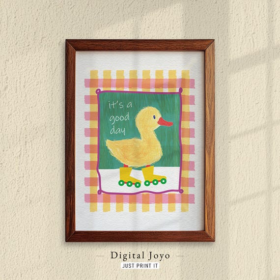 Roller Duck Art Print Cheerful Gingham Nursery Decor