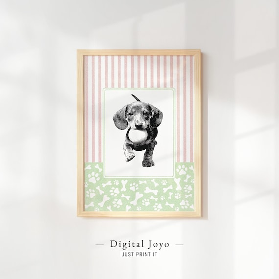 Whimsical Dachshund Puppy Running With Ball Sketch Nursery Wall Art