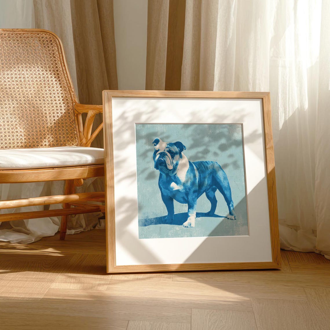 English Bulldog Blue Monochrome Portrait Modern Dog Art Print