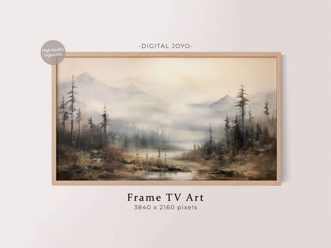 Fall Mountain Lake Landscape Painting Misty Pines Frame TV Art Poster