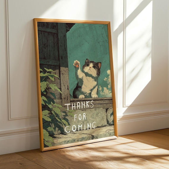Retro Waving Kitten Thanks For Coming Vintage Charming Cat Print