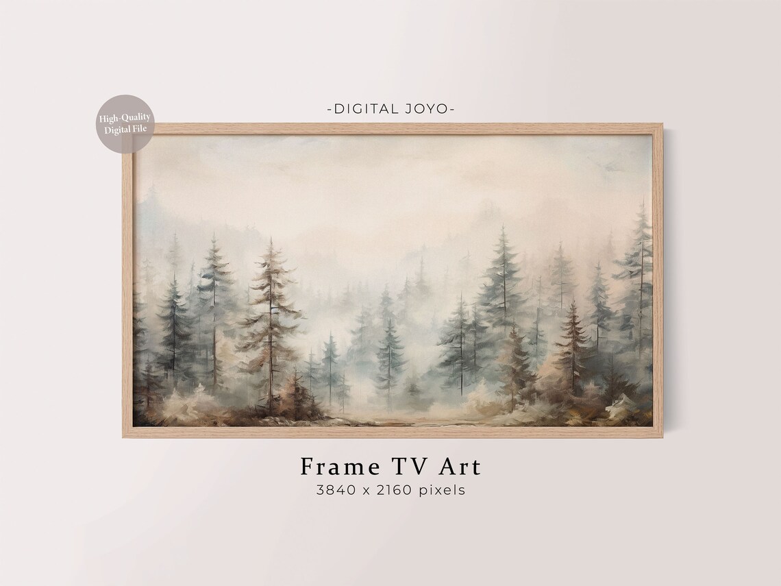 Misty Pine Forest Watercolor Frame TV Art Moody Mountain Poster