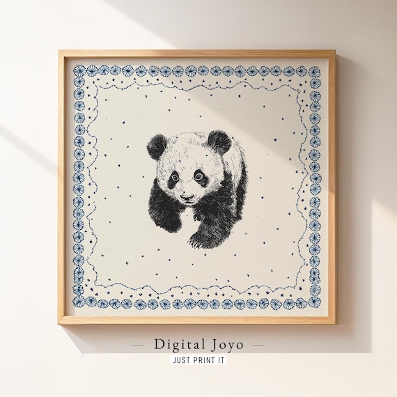 Playful Panda Sketch With Navy Stars Instant