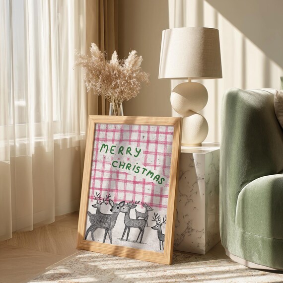 Merry Christmas Reindeer Poster Pink Gingham Hand Lettered Holiday Art