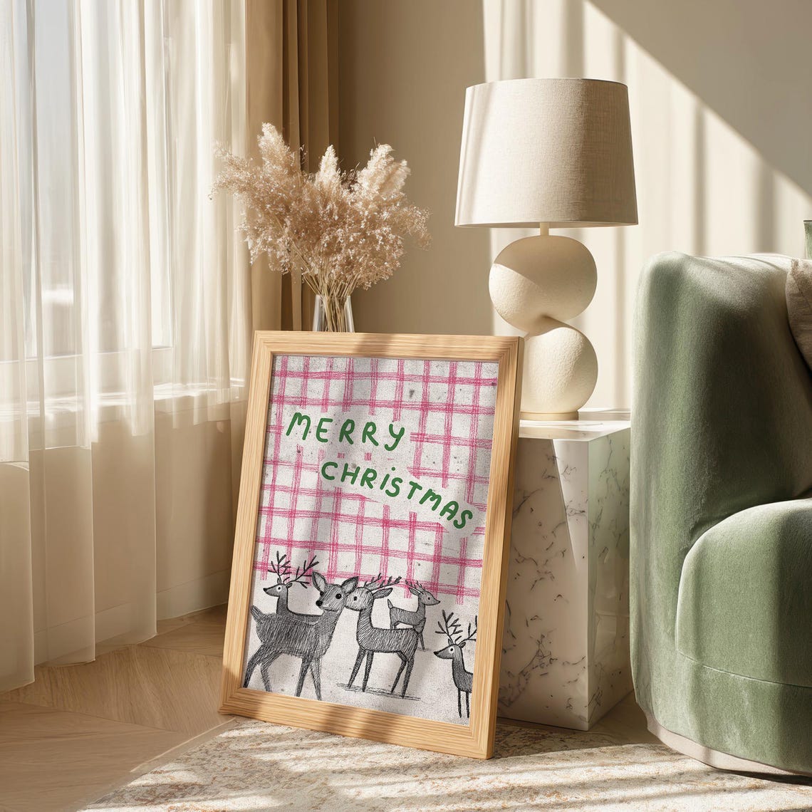 Merry Christmas Reindeer Poster Pink Gingham Hand Lettered Holiday Art