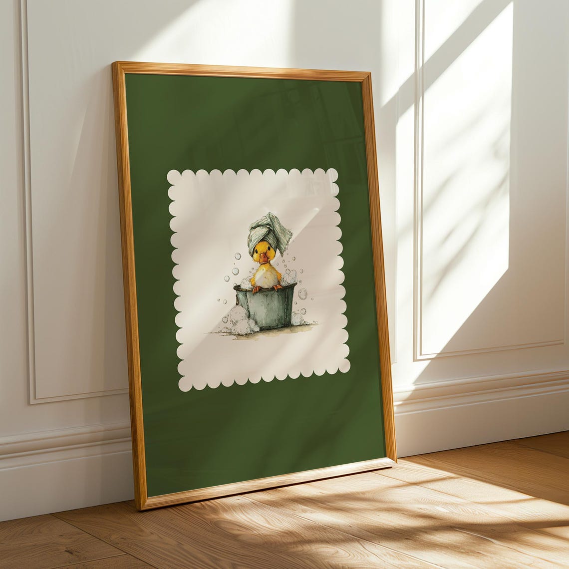 Forest Green Duckling Bubble Bath Cute Bathroom Wall Decor Print