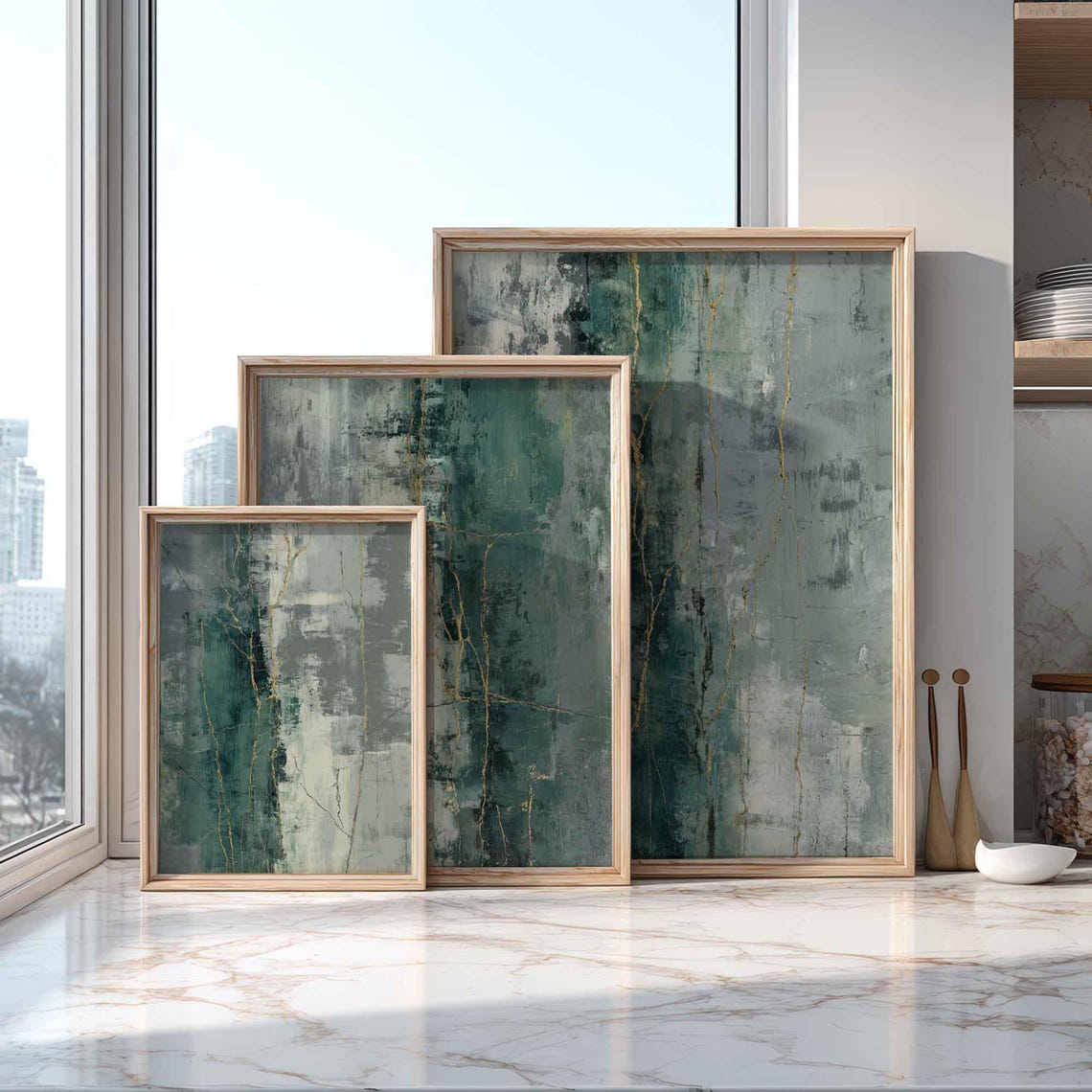 Forest Green Slate Abstract Print Trio Grey Gold Prints
